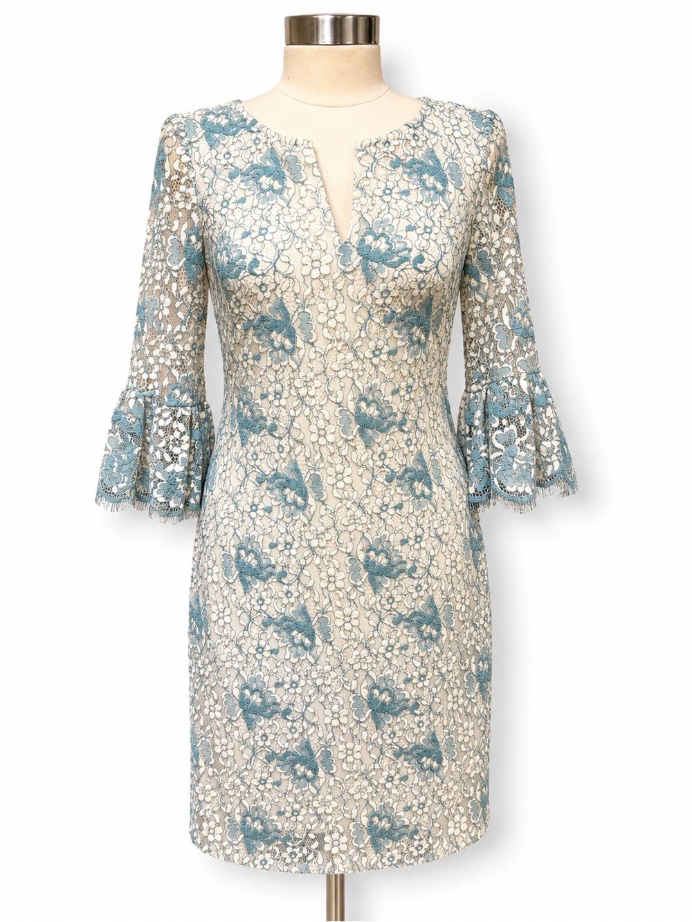 Adrianna Papell Blue Lace Bell Sleeve Sheath Dress Size 4